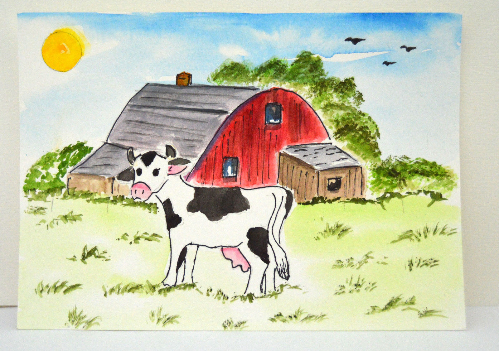 1600x1126 Folk Art Hand Painted Red Barn And Cow Watercolor Painting 5x7