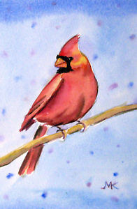 196x300 Red Cardinal Bird Watercolor Painting Original Wildlife Winter 4