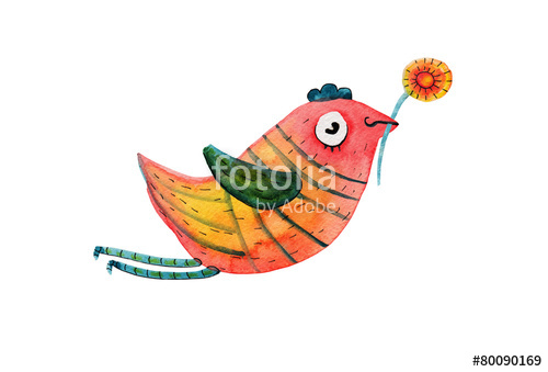 500x339 Red Bird With Flower. Watercolor Illustration Hand Drawing Stock