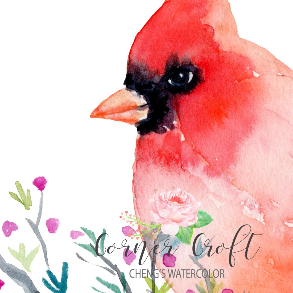 972x972 Watercolor Bird Red Cardinal Printable Corner Croft