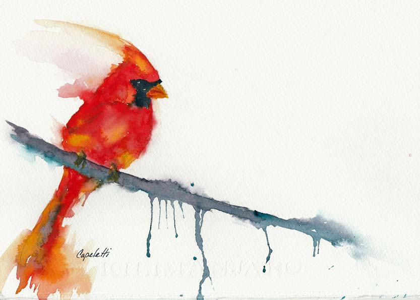 833x595 Winter Red Cardinal Bird Original Watercolor Barb Capeletti