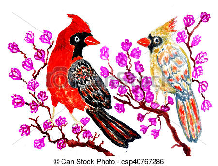 450x343 Red Cardinal Art. Cartoon Red Cardinal Bird, Illustration Painted