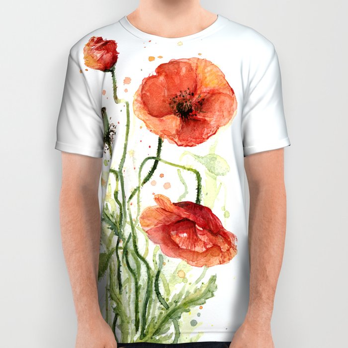 700x700 Red Poppies Watercolor Flower Floral Art All Over Print Shirt By