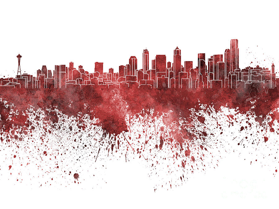 900x675 Seattle Skyline In Red Watercolor On White Background Painting By