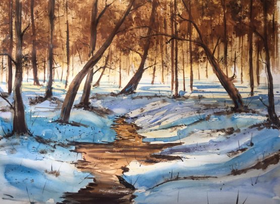 555x405 Light And Snow. Watercolor Painting. 65x50cm