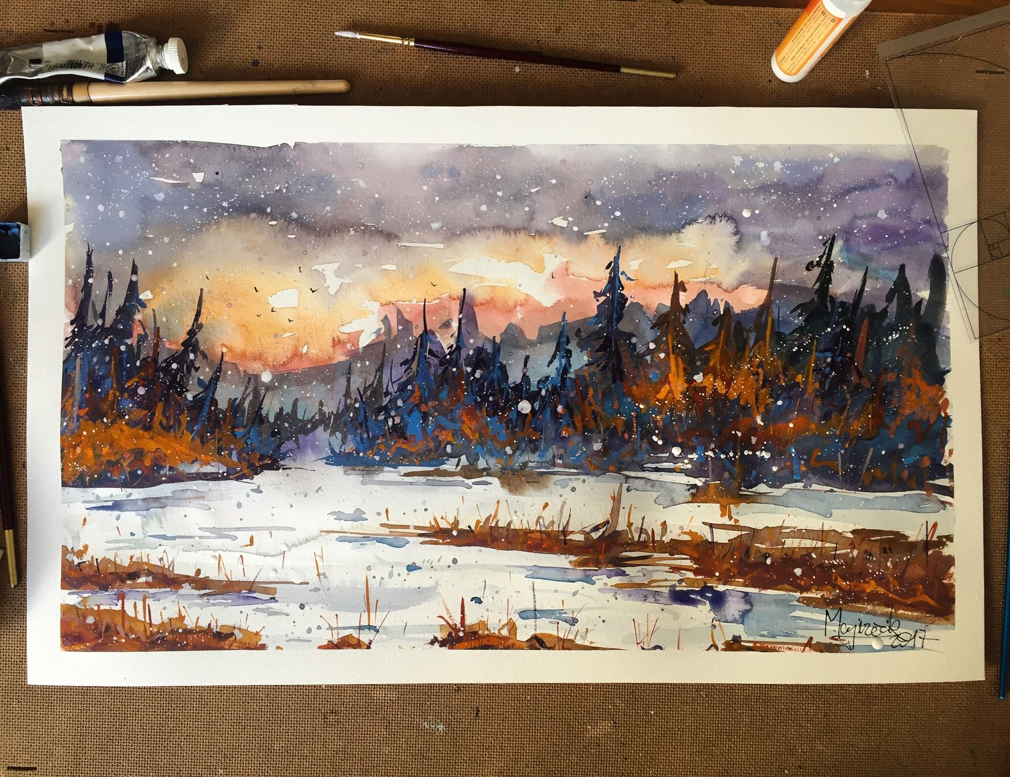 2048x1576 Snow And Sunset, Watercolor, 30x50cm Art