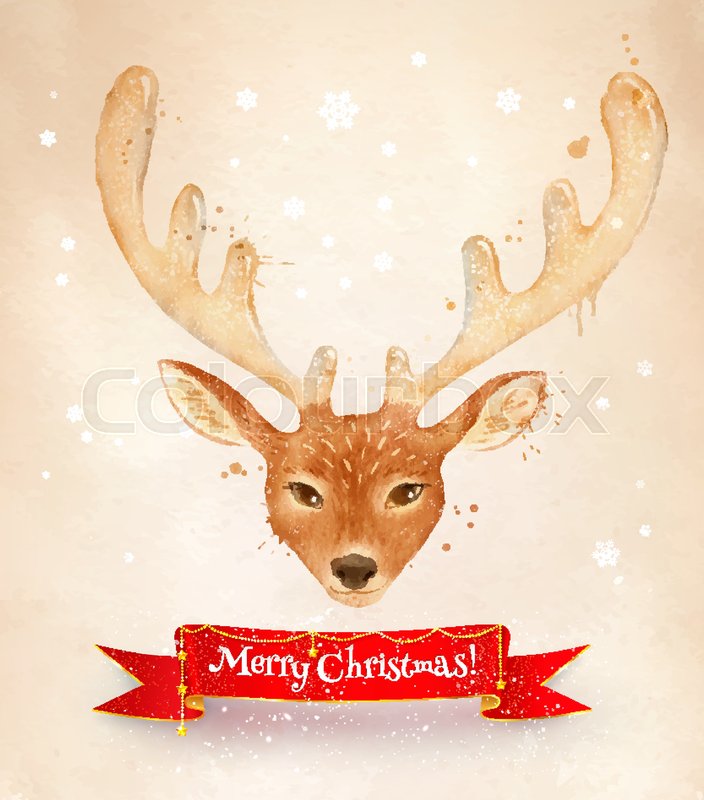 704x800 Christmas Vintage Vector Watercolor Postcad With Reindeer And Red