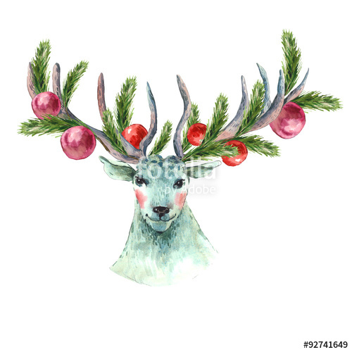500x500 Christmas Watercolor Greeting Card With Reindeer Stock Photo And