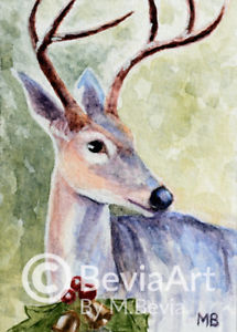 215x300 Aceo Original Watercolor Painting Reindeer With Christmas Ornament