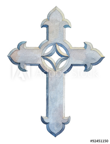 383x500 Cross Symbol. Hand Painted Ornate Watercolor Cross, Marbled Stone