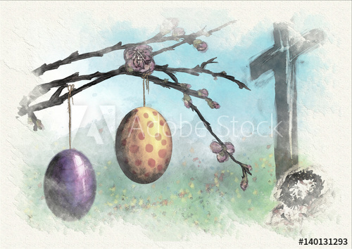 500x354 Easter Eggs Hanging From A Spring Tree In Blossom, With An Empty