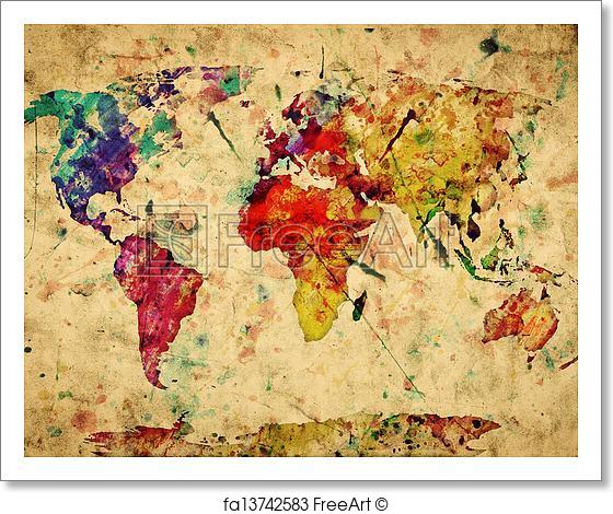 560x470 Free Art Print Of Vintage World Map. Colorful Paint, Watercolor
