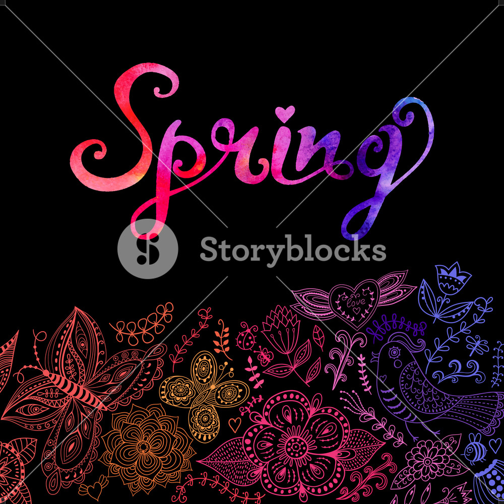 1000x1000 Vector Watercolor Floral Greeting Card With Spring Lettering