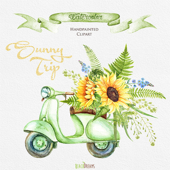 570x570 Watercolor Retro Moped With Floral Bouquet Of Sunflowers. Wedding