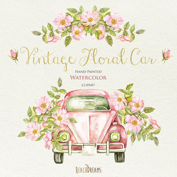 570x570 Watercolor Vintage Floral Car With Rustic Roses. Wedding Invite