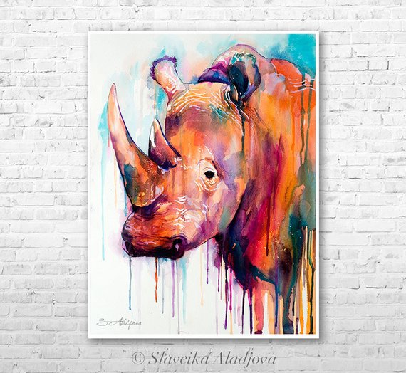 570x524 Colorful Rhino Watercolor Painting Print By Slaveika Aladjova Etsy