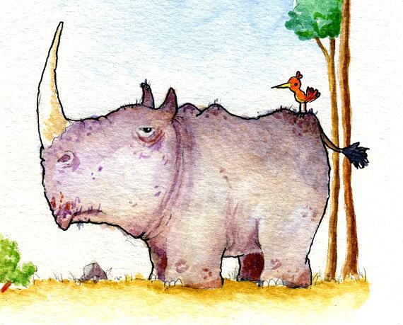 570x459 Rhino And Passenger Watercolor Print Ben Byrd Art