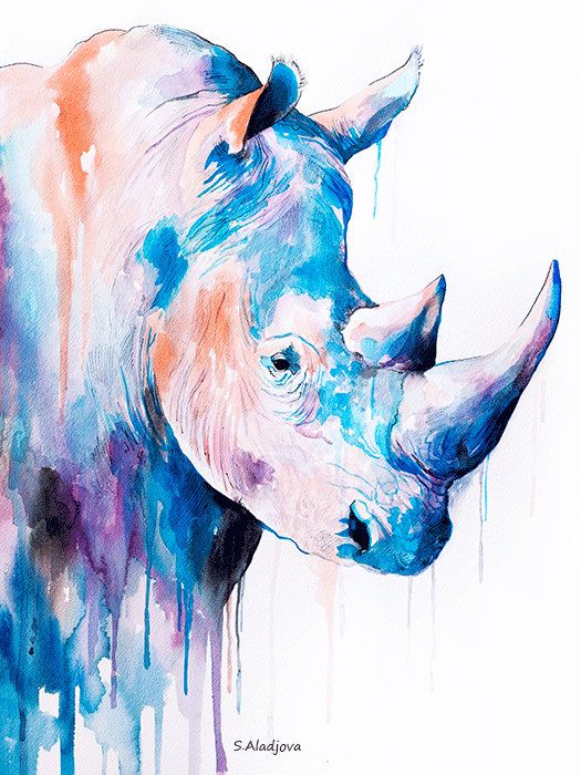 525x700 Rhino Watercolor Painting Print By Slaveika Aladjova, Art, Animal