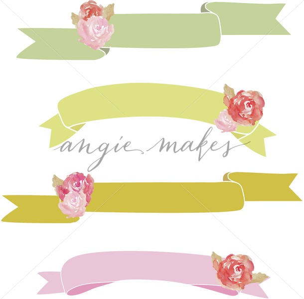 610x600 Collection Of Ribbons With Watercolor Flowers. Ribbon Background