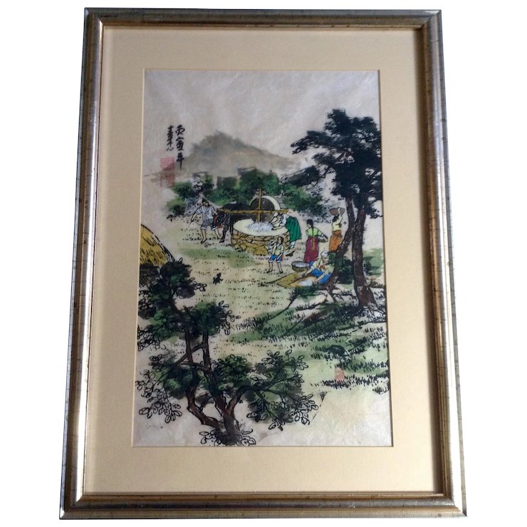 740x740 Korean Countryside At The Mill, Asian Watercolor Painting On Rice