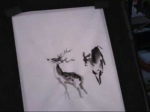 480x360 Painting Deer In Ink And Watercolor With Chinese Brush On Rice