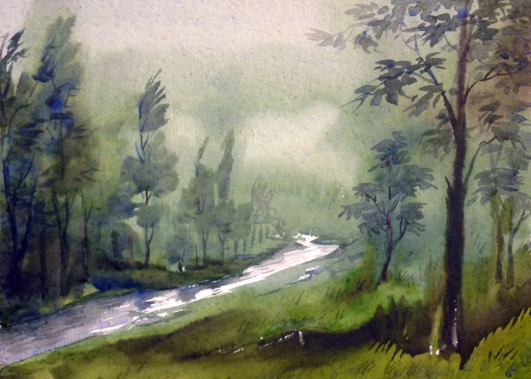 770x549 Mountain Forest And River Watercolor On Paper Painting By Samiran