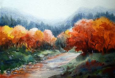 375x255 Autumn Beauty Amp Mountain River Watercolor Painting Painting By