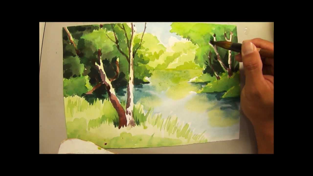 1280x720 Watercolour Painting Of Trees And River