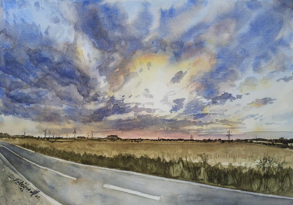 1024x719 On The Road 2' Watercolor Aquarell By Fetzenwolf