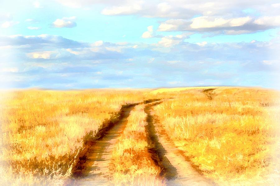 900x598 Watercolor Drawing Of A Yellow Road Through Dry Field, Blue Sky