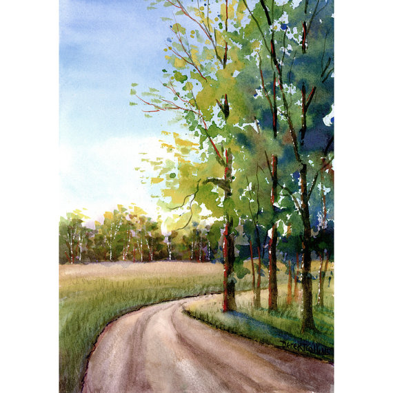 570x570 Watercolor Landscape Painting Print Country Road Summer 4 Four