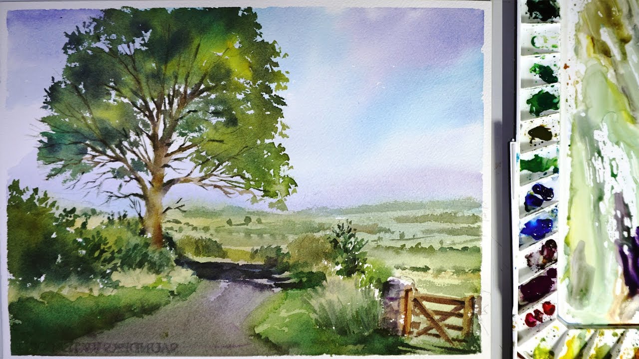 1280x720 Watercolor Landscape Painting A Road Across A Field