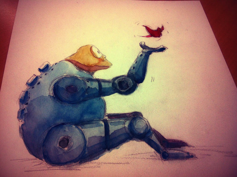 800x598 Quick Watercolor Painting Robot With A Bird