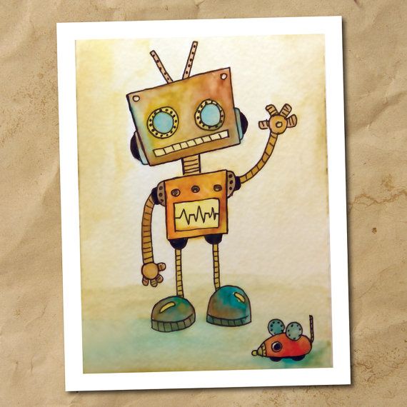 570x570 Robot Watercolor Print Note Card By Kristensobledesign On Etsy