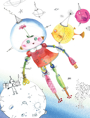 343x451 Robot Space Girl Birthday Aliens Masha Dyans Watercolor Greeting