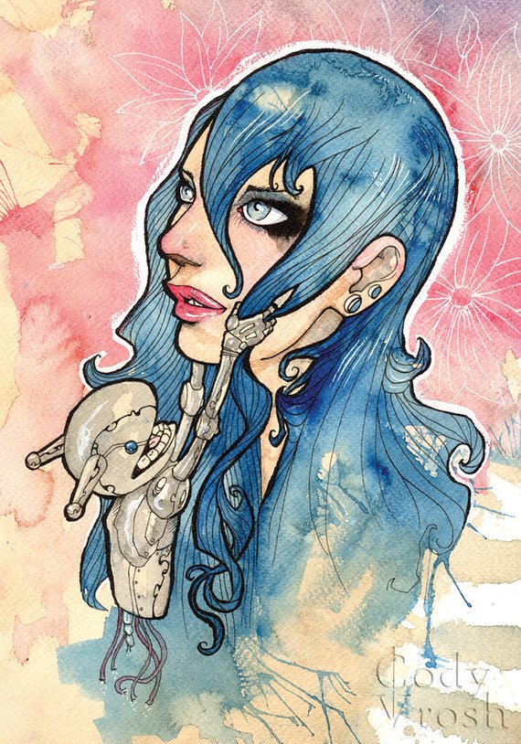 570x814 Love Art Print Robot Art Print Watercolor Painting Coffee