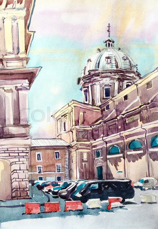 553x800 Original Watercolor Painting Of Rome Italy Famous Landmark, Old