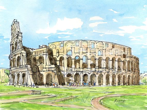 570x428 Rome Colosseum Art Print From Original Watercolor Painting