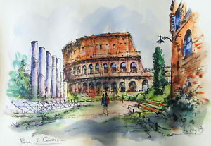 300x207 Signed Pen And Wash Ink And Watercolor Rome Ii Colosseo 20 X 13 1