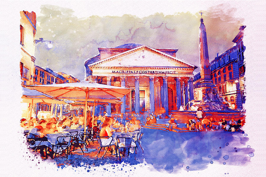 900x600 The Pantheon Rome Watercolor Streetscape Mixed Media By Marian Voicu
