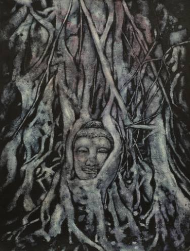 375x497 Watercolor Painting Of Ruined Buddha Head Entwined In Tree Roots