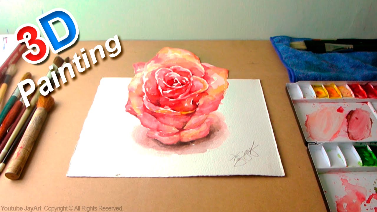 1280x720 3d Rose Painting In Watercolor, Optical Illusion