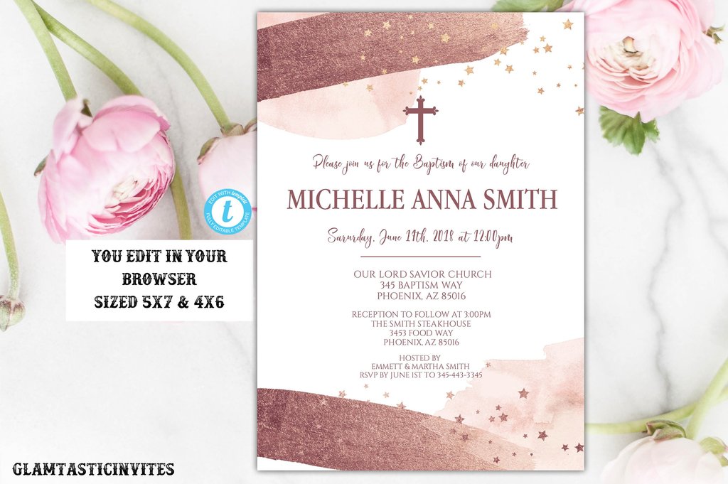 1024x681 Rose Gold Watercolor Baptism Invitation Template Instant Download