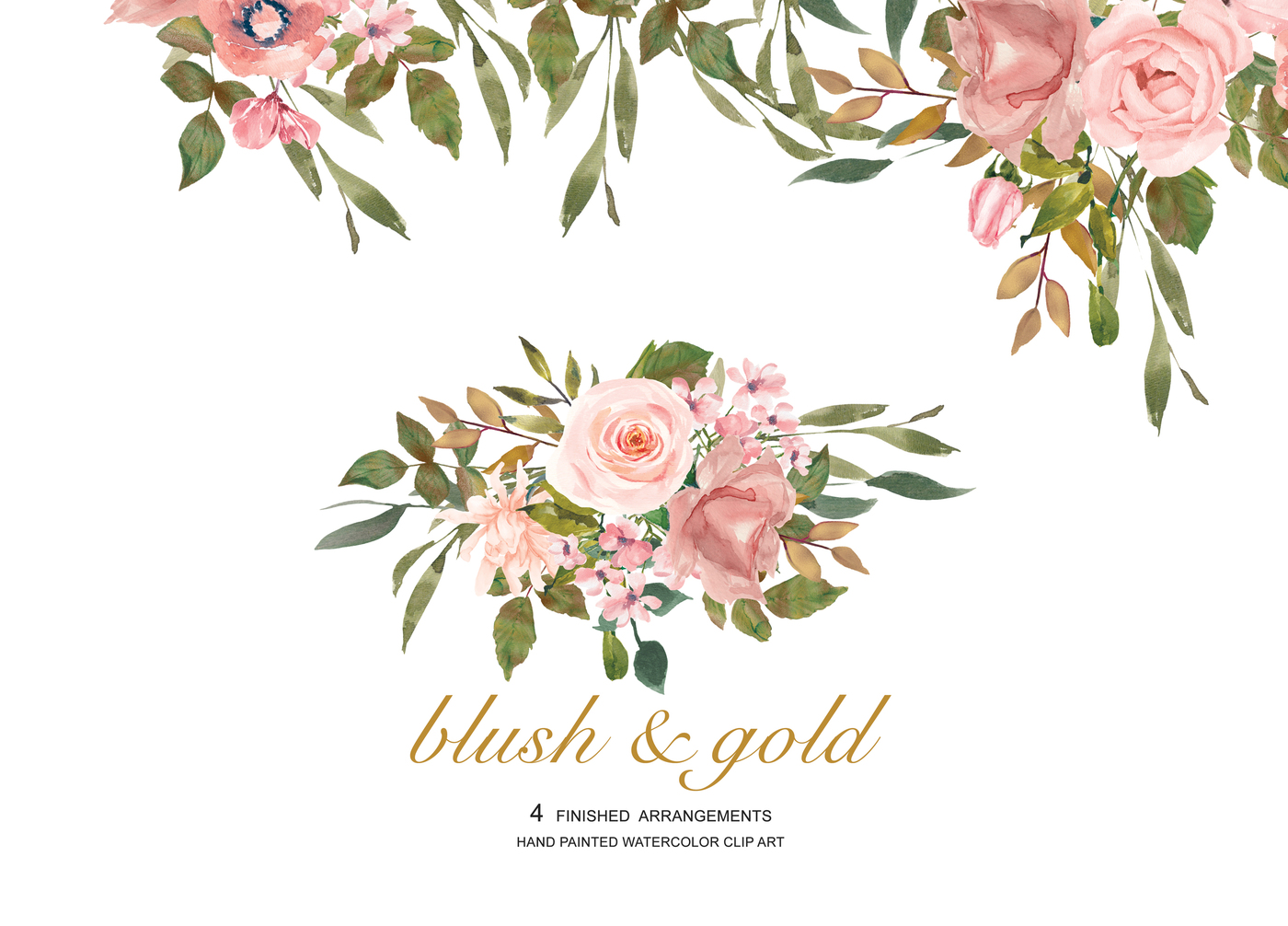 1400x1006 Watercolor Flower Clipart Blush Rose Gold Leaves Clipart By