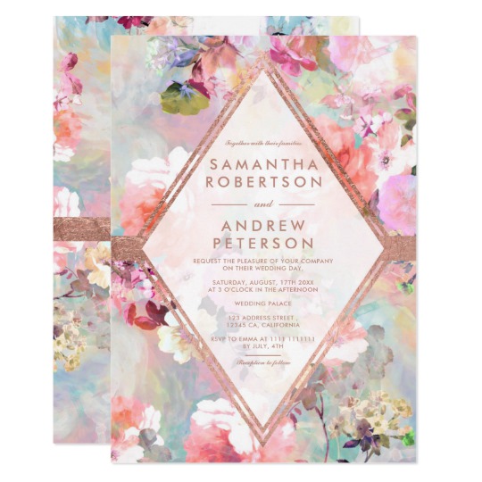 540x540 Modern Pastel Floral Watercolor Rose Gold Wedding Invitation