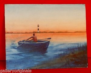 300x240 Vintage Watercolor Painting Signed Weiss Seascape Lighthouse Man
