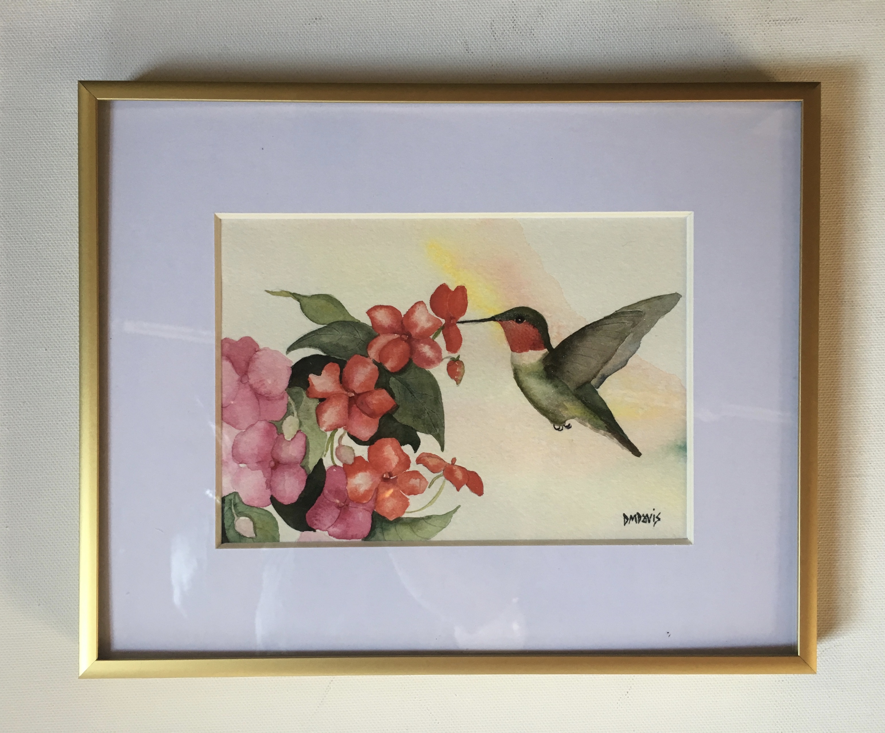 3090x2560 Watercolor Of A Ruby Throated Hummingbird With Impatiens, By Diana