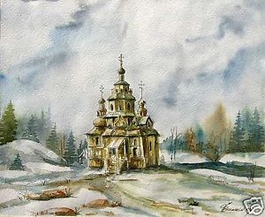 300x246 Painting Original Watercolor Russian Wooden Church Karjala