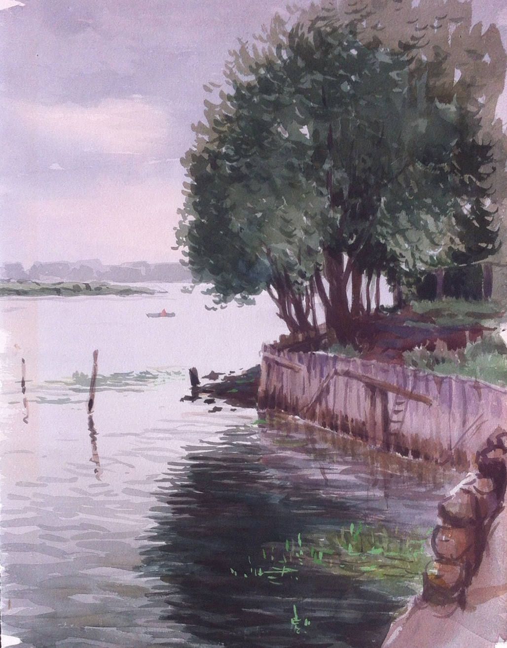 1028x1315 Vintage Riverscape Original Watercolor Painting 1950s Waterscape