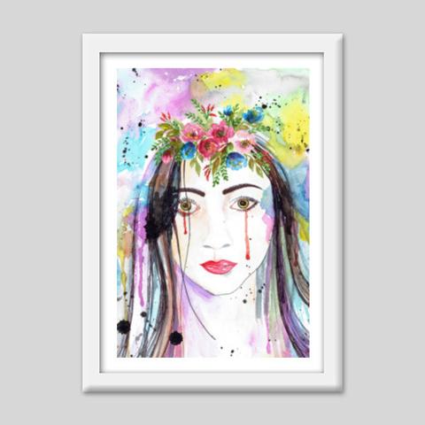 480x480 Woman Crying Sad Face Watercolor Girl Portrait Colorful Fashion